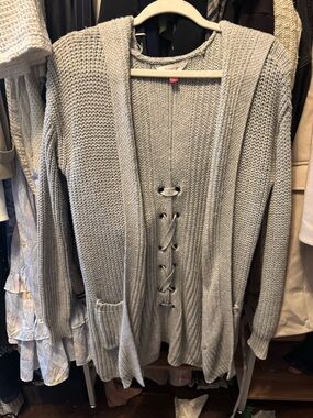 No Boundaries Light Gray Lace-Up Open-Front Cardigan